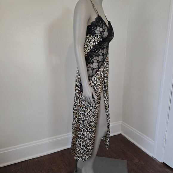 Frederick's Of Hollywood Size M Vintage Leopard Slip Dress Gown Sheer w/ Slit - Picture 10 of 16